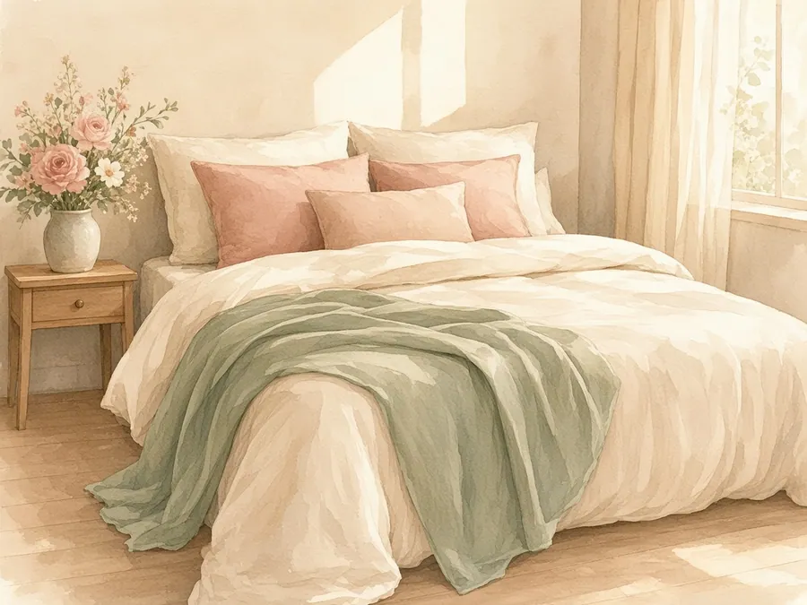 Cama clara com manta sálvia e almofadas rosé
