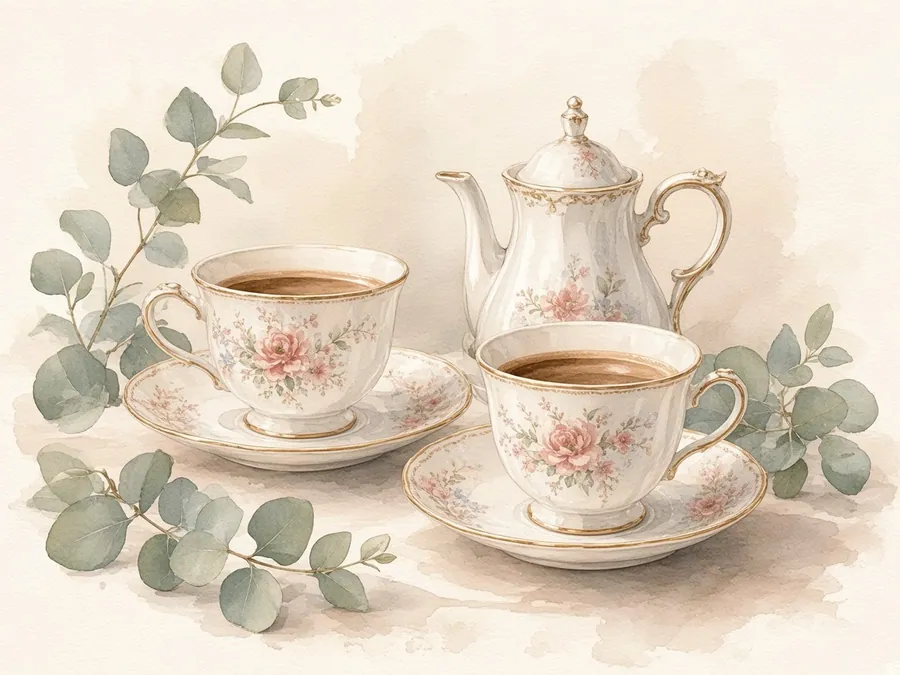 Cafeteira e duas xícaras florais em aquarela