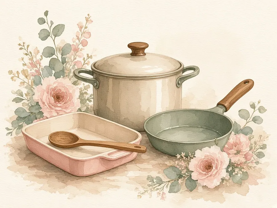 Assadeiras, formas e colher de madeira em aquarela