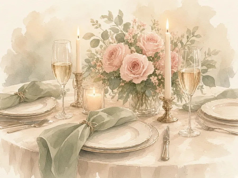 Jantar a dois à luz de velas em aquarela