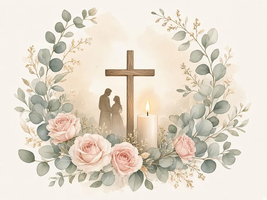 Cruz simples entre rosas e eucalipto em aquarela
