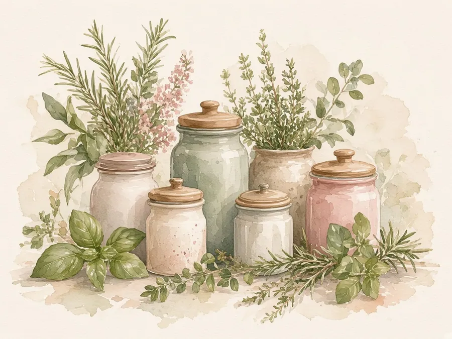 Potes de temperos e ervas frescas em aquarela