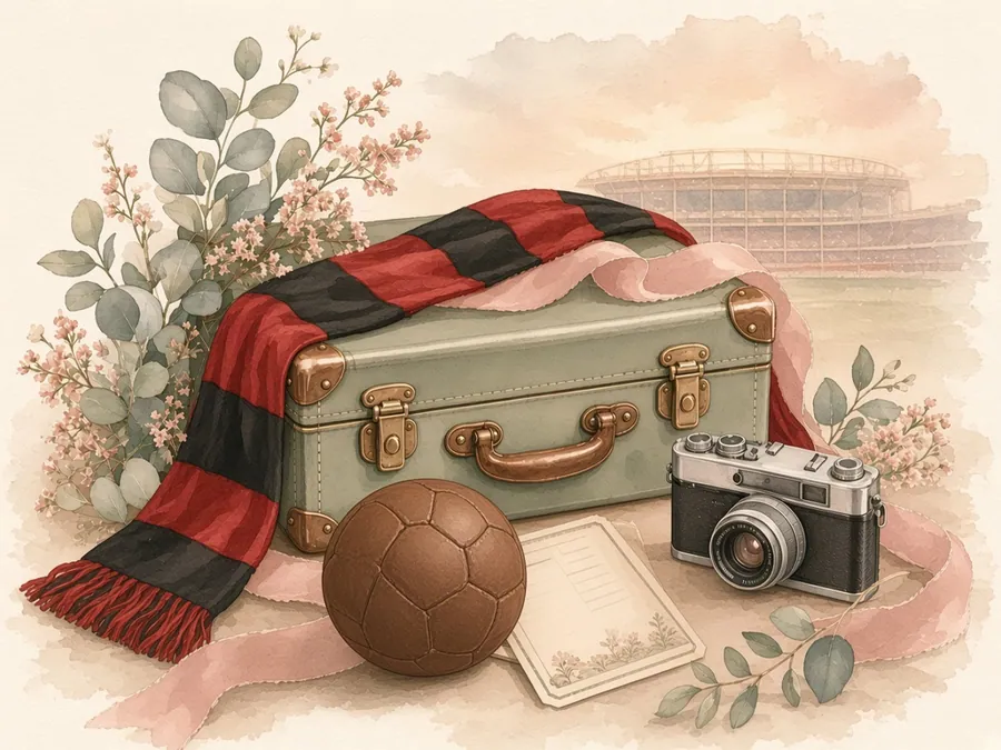 Mala, cachecol rubro-negro e estádio em aquarela